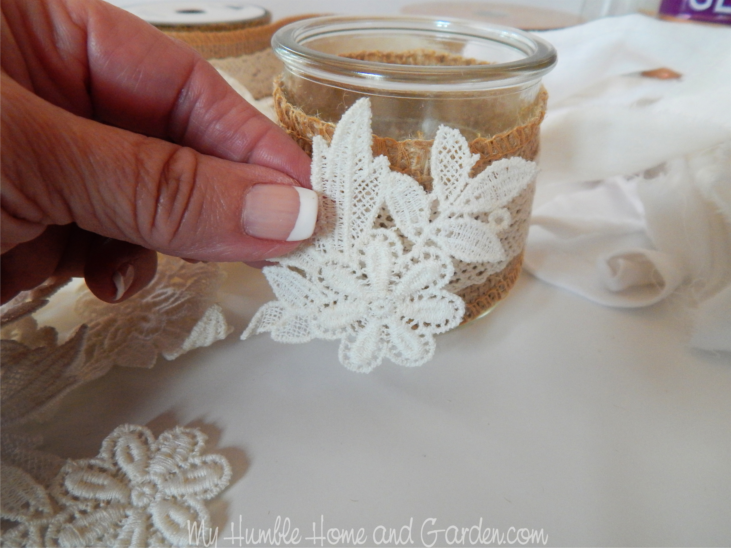 Shabby Chic Burlap Trim Yogurt Jars Easy DIY - My Humble Home and Garden