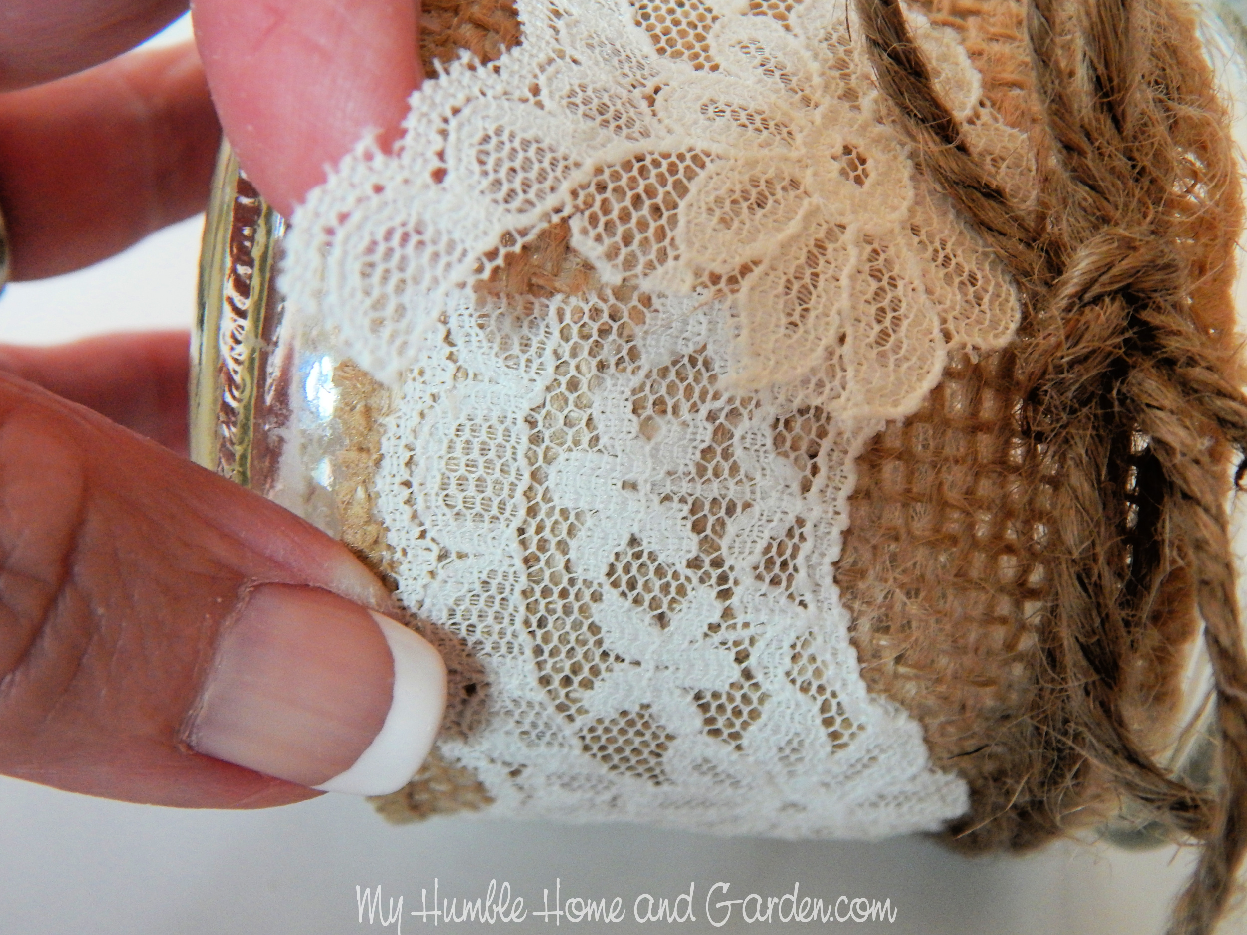 Shabby Chic Burlap Trim Yogurt Jars Easy DIY - My Humble Home and Garden