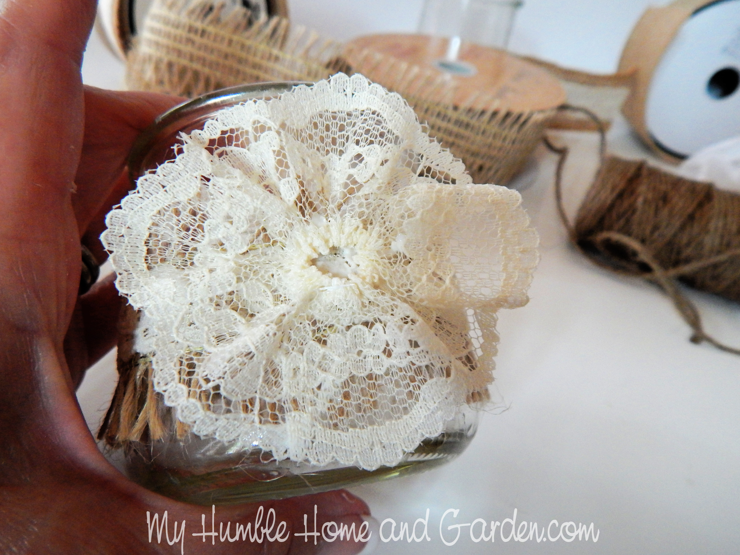 Shabby Chic Burlap Trim Yogurt Jars Easy DIY - My Humble Home and Garden