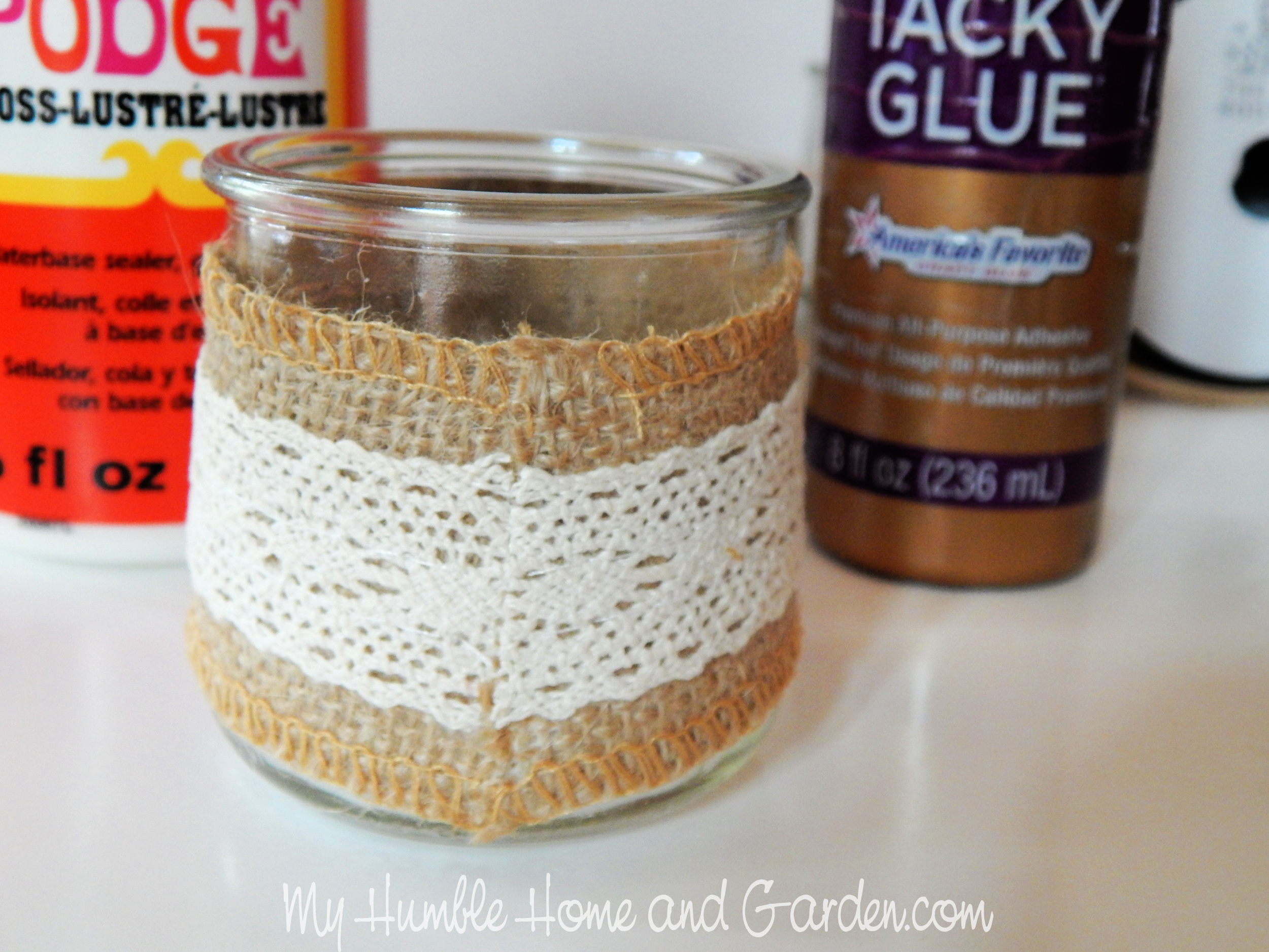 Shabby Chic Burlap Trim Yogurt Jars Easy DIY - My Humble Home and Garden