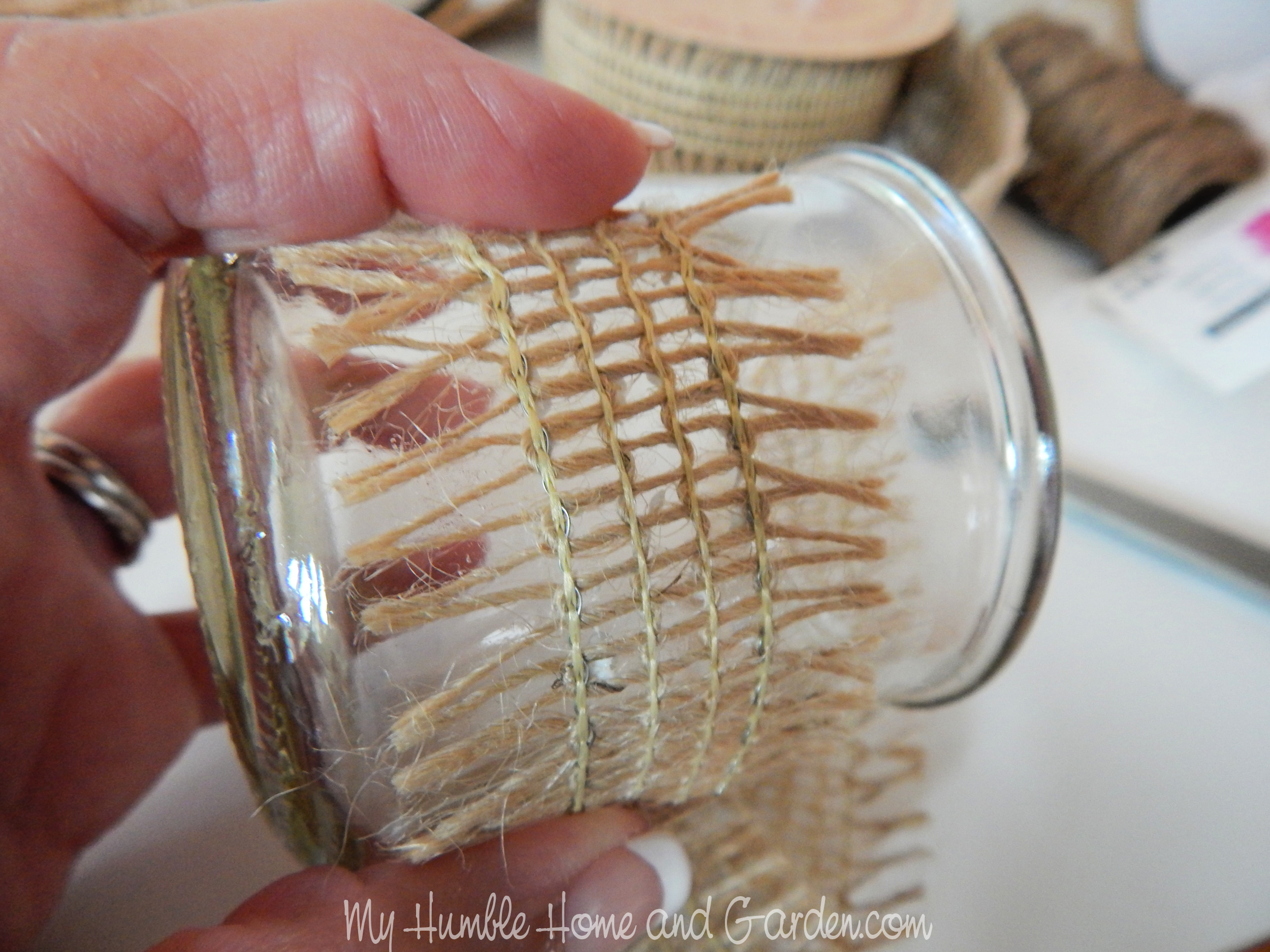 Shabby Chic Burlap Trim Yogurt Jars Easy DIY - My Humble Home and Garden